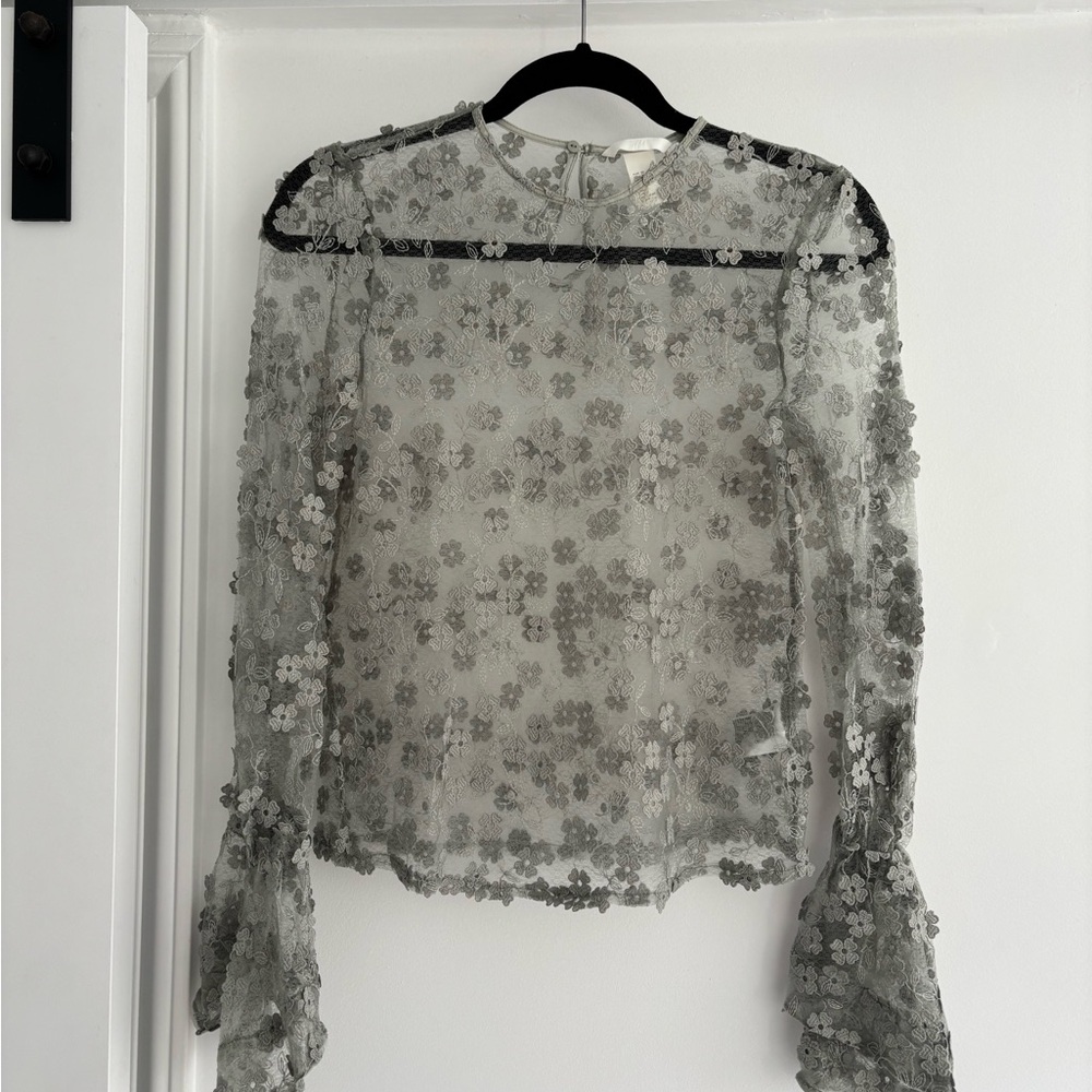 H&M Sheer Pale Mint Green Floral Blouse